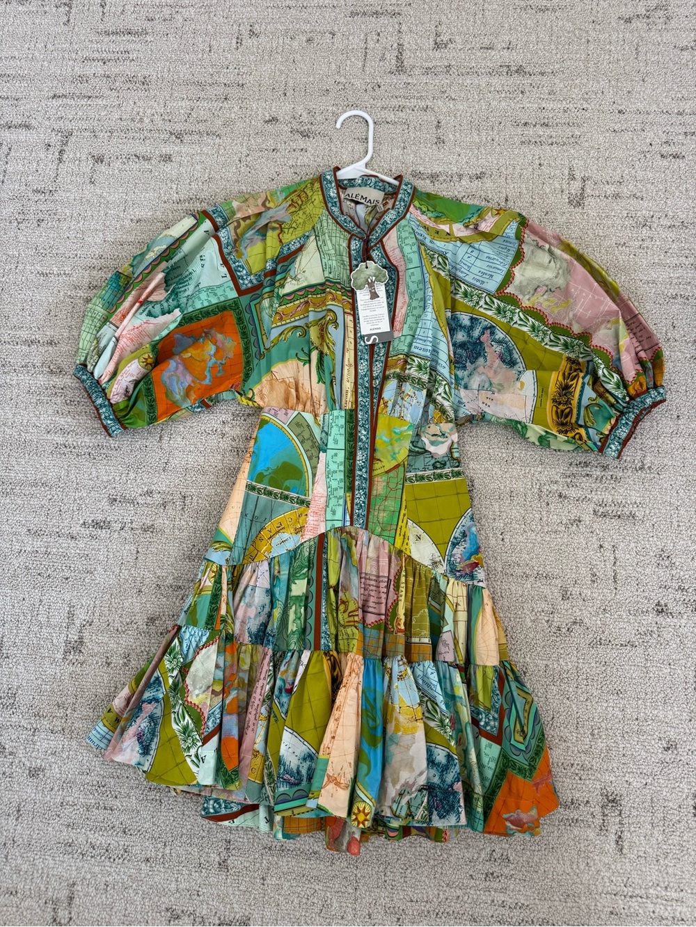 Alemais Multicolor Map-Print Mini Dress in Green and Blue